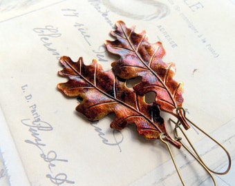 Boucles d'oreilles feuille de chêne, boucles d'oreilles automne automne, boucles d'oreilles feuille peinte à la main rouge rouille, boucles d'oreilles feuille d'automne bohème, cadeau unique pour la fête des mères