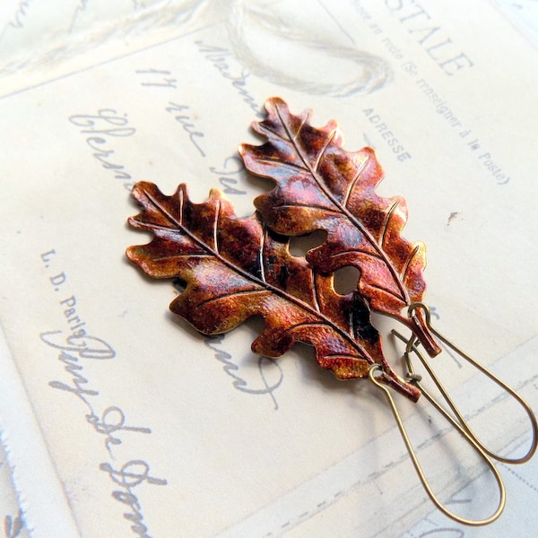 Oak Leaf Earrings, Autumn Fall Earrings, Rust Red Hand Painted Leaf Earrings, Boho Fall Autumn Leaf Earrings, Unique Mothers Day Gift