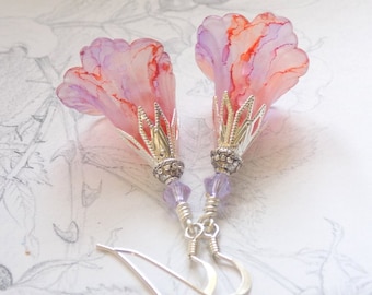 Lilac and Peach Flower Earrings, Unique Hand Painted Flower Earrings, Boho Dangle Earrings, Lucite Flower Earrings, Vintage Style Earrings