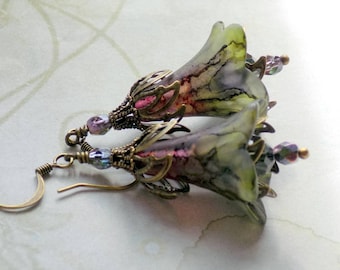 Green Red Purple "The Potager" Hand Painted Lucite Vintage Style Flower Dangle Earrings