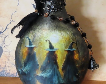 Altered Art Witch Gothic Halloween Bottle with Swarovski Crystal & Antiqued Brass Witch Bell