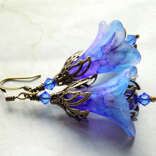 Blue Flower Earrings, Hand Painted Blue Flower Earrings, Boho Dangle Earrings, Vintage Style Filigree Bronze Earrings, Unique Gift for Her