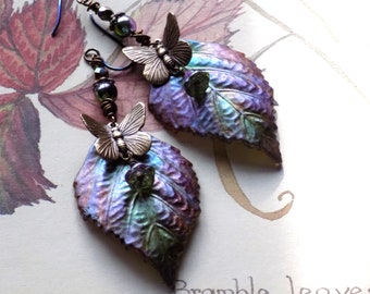 Green Purple Leaf Earrings, Hand Painted "BRAMBLE AND BUTTERFLIES" Earrings, Vintage Style Artisan Boho Dangle Leaf Earrings, Gift for Her