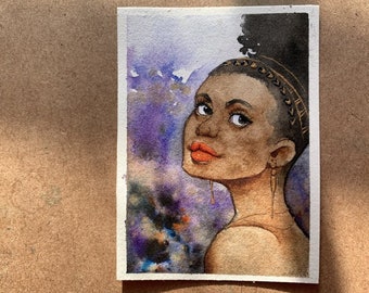 Original Watercolor and Ink ACEO Painting - Purple and Gold