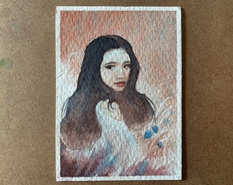 Original Watercolor ACEO Painting - Girl in a Field