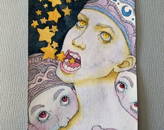 Original Watercolor and Ink ACEO Painting - Weird Art