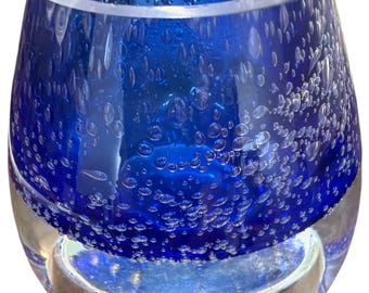 Crystal Art Associates Cobalt Controlled Bubble Glass Candle Holder – Handmade in Poland