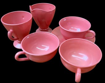 Hazel Atlas Moderntone Salmon Pink Platonite Cups Sugar Creamer Set