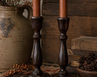 Vintage Primitive Wood Candlesticks Pair Dark Brown Timeworn 9 Inch