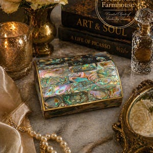 Vintage Abalone Shell Box Curved Lid Mexico Nepal Iridescent Mother of Pearl Trinket Box Luxury Vanity Decor Jewelry Casket
