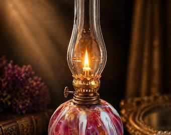 Vintage Style Iridescent Oil Lamp Pink Art Glass Small Accent Lamp