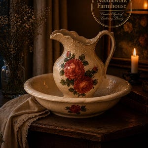 May include: Cream-colored pitcher and basin set with red floral designs. The pitcher has a curved handle and a scalloped rim, sitting inside the matching basin. The set is on a dark wooden table, with the text "Needlework Farmhouse" visible.