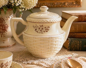 Vintage Porcelier Teapot: Ivory Basket Weave Floral China Display Piece