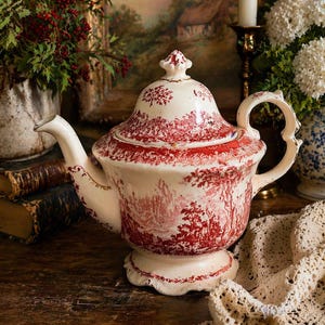 Large Red Transferware Teapot English Cottage Decor Farmhouse Kitchen Statement Piece