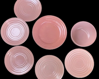 Hazel Atlas Moderntone Pink Platonite Glass 7 Piece Dish Set Vintage