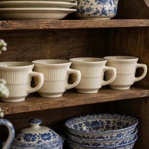 May include: Four cream-colored ceramic mugs with vertical ribbed detailing on the upper portion and a smooth base, arranged in a row on a wooden shelf. The mugs feature a sturdy handle and a wide rim, sitting alongside blue and white patterned dishes.
