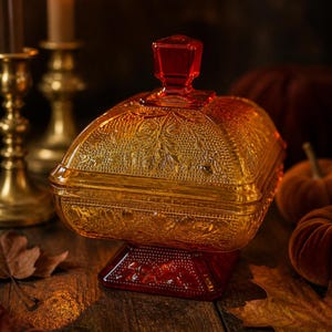 May include: An amber-colored, vintage-style glass candy dish with a lid, set on a red base. The dish features an embossed floral pattern and a red finial. The background includes candles and pumpkins, suggesting a fall theme.