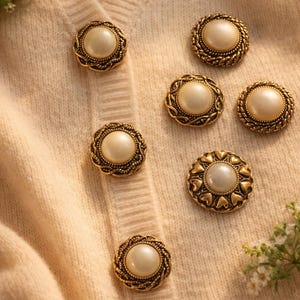 May include: Close-up of several decorative buttons with a pearl-like center and ornate gold-colored metal detailing. The buttons are arranged on a cream-colored cardigan, suggesting a vintage or classic aesthetic. The buttons are round and have a detailed edge.