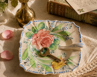 Vintage Japan Shell Trinket Bowl Hand Painted Bird Floral Cottage Dish