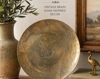 Vintage Brass Dragon Bowl 12 Asian Engraved Brass Charger Decor