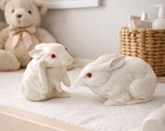 Vintage A. Santini Italian Rabbit Figurines, Red Glass Eyes, Pair