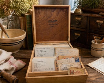 Vintage 1968 Wooden Recipe Box: Dovetail Farmhouse Kitchen Organizer