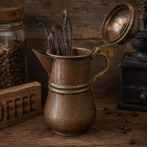 May include: A rustic still life featuring a copper pitcher with vanilla beans, a glass jar of coffee beans, and a vintage coffee grinder. A wooden sign with the word "COFFEE" is also visible. The scene is set on a wooden surface.