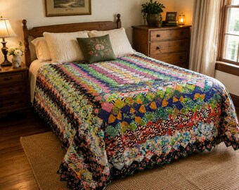 Vintage Hand Quilted Patchwork Quilt Ruby South Sawtooth Edge 106" x 75"
