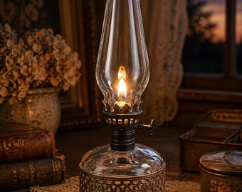 Victorian Style Clear Glass Oil Lamp Bronze Filigree Wrap Antique Look Lamp