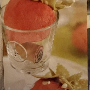 May include: A Fig Tree Threads packaging label featuring a plush red strawberry with green leaves inside a clear glass, and a second plush strawberry with white polka dots. The text reads Fig Tree Threads and strawberry shortcake.