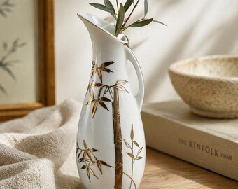 Mid Century Japanese Porcelain Vase: Gold Bamboo Ewer Style Bud Vase