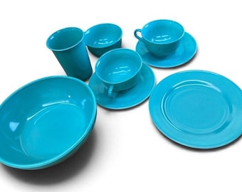 Hazel Atlas Moderntone Turquoise Platonite Glass 9 Piece Set MCM