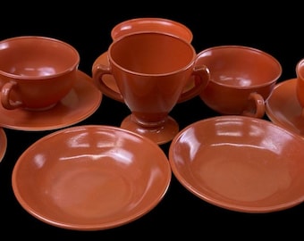 Hazel Atlas Moderntone Platonite Rust Orange Glass 12 Piece Set