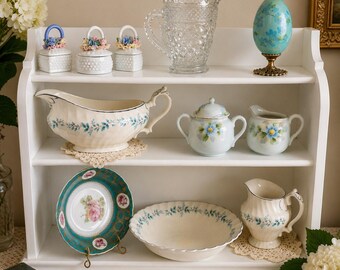Vintage Curated China Wall Shelf Vignette Blue Floral Cottage Decor