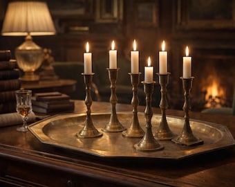 Monumental Antique Brass Tray with Six Candlesticks – Old World European Table Centerpiece