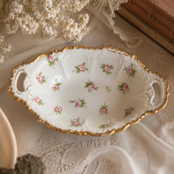 Plateau vintage en porcelaine royale d'Autriche peinte à la main : roses roses, dorure dorée, porte-bagues (lire la description)