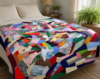 Vintage Hand Pieced Crazy Quilt 68x90 Patchwork Cottage Bedding Throw Art