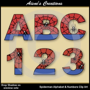 Imágenes prediseñadas de letras y números del alfabeto de Spiderman