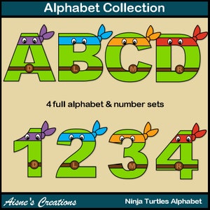 Imágenes prediseñadas de letras y números del alfabeto de las Tortugas Ninja