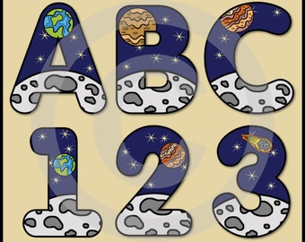 Space Alphabet & Numbers Clip Art Graphics