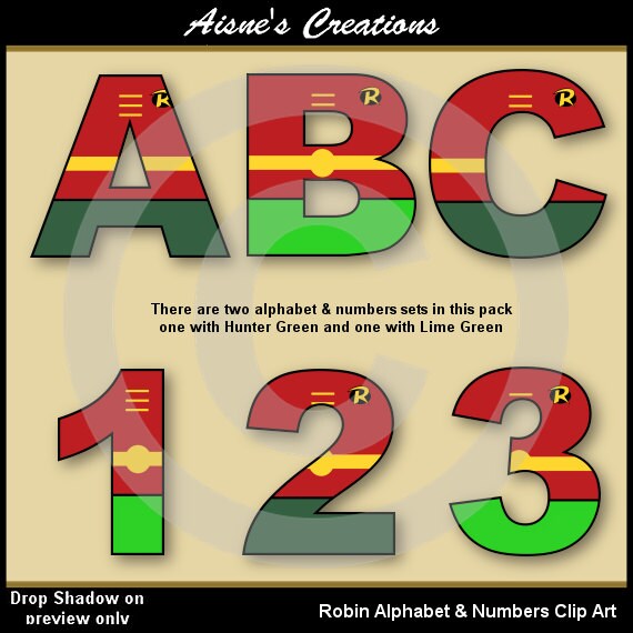 Robin (Batman) Alphabet Letters & Numbers Clip Art Graphics Il_570xn