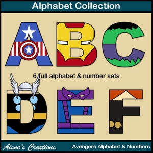 Paquete de imágenes prediseñadas de letras y números del alfabeto de Los Vengadores