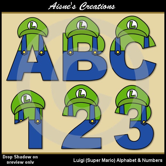 Luigi (Super Mario Brothers) Alphabet Letters & Numbers Clip Art Graphics Il_570xn