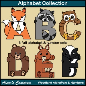 Gráficos de imágenes prediseñadas de letras y números del alfabeto de animales del bosque, AlphaPals