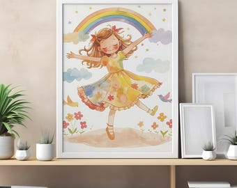 Cute Girl with Colorful Rainbow Wall Art | Happy Illustration for Kids Room | Vibrant Nursery Decor | Rainbow Wall Art for Baby Room