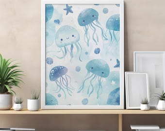 Arte de pared de medusas, impresión de acuarela del océano, decoración de vida marina, arte de pared costero, decoración náutica para el hogar, impresión de pared de casa de playa, arte submarino