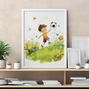 Cute Boy Playing Soccer Wall Art, Kids Room Sports Decor, Nursery Boy Wall Art, Playroom Soccer Themed Print, Boys Room Wall Decor