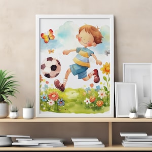 Soccer Wall Art for Kids, Cute Boy Playing Soccer Print, Boys Room Sports Decor, Nursery Soccer Wall Art, Kids Room Wall Decor