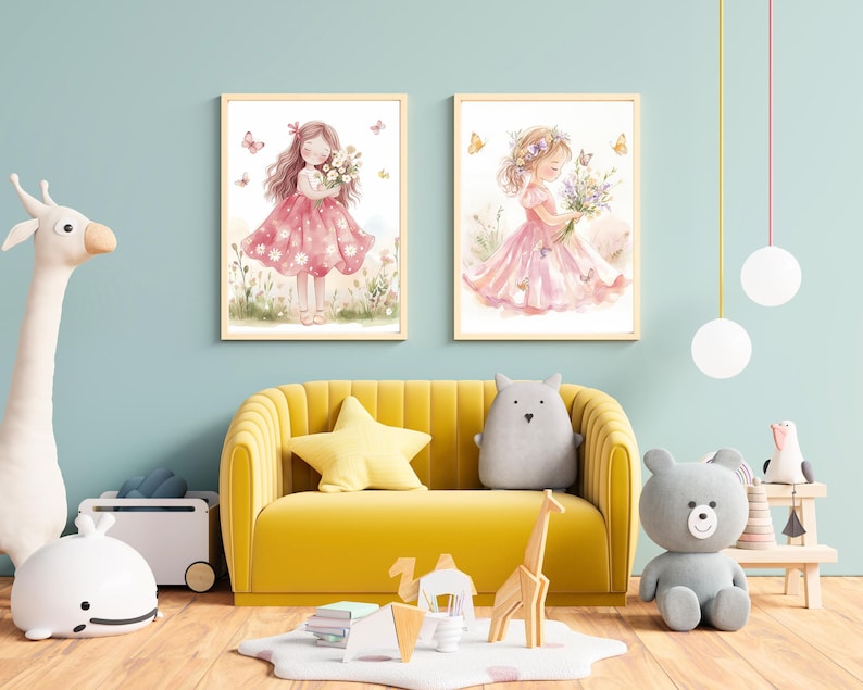 Cute Girl Holding Flower Wall Art, Pink Themed Nursery Print for Kids ...