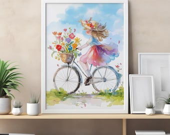 Cute Girl Riding Bicycle in Flower Garden Wall Art for Kids Room, Nursery Decor, Floral Garden Illustration, Children&#39;s Room Decor